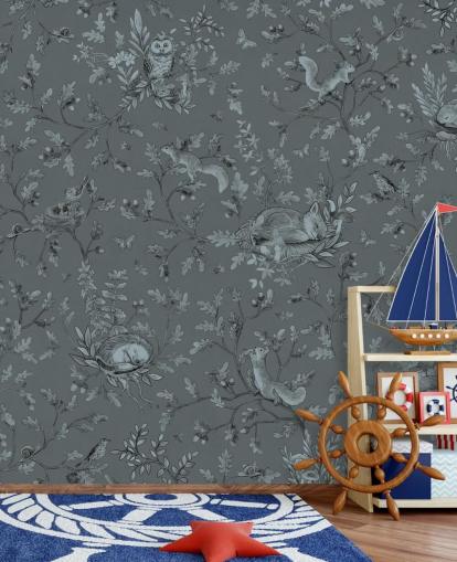 murale blu personalizzato per sala giochi per bambini chiamato Playful Woods - Monochrome Blue by Kikki Belle