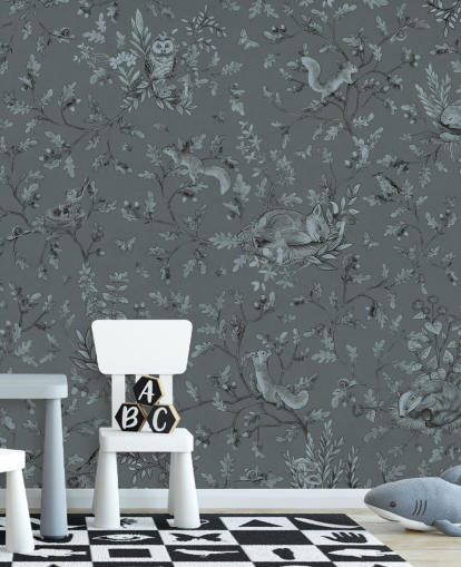 blått tilpasset veggmaleri for lekerom for barn kalt Playful Woods - Monochrome Blue av Kikki Belle