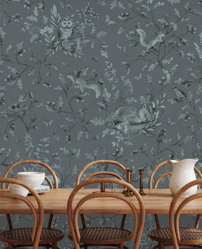 mural azul personalizado para sala de juegos para niños llamado Playful Woods - Monochrome Blue de Kikki Belle