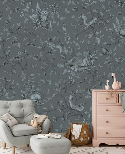 blå brugerdefineret vægmaleri til børns legerum kaldet Playful Woods - Monochrome Blue af Kikki Belle