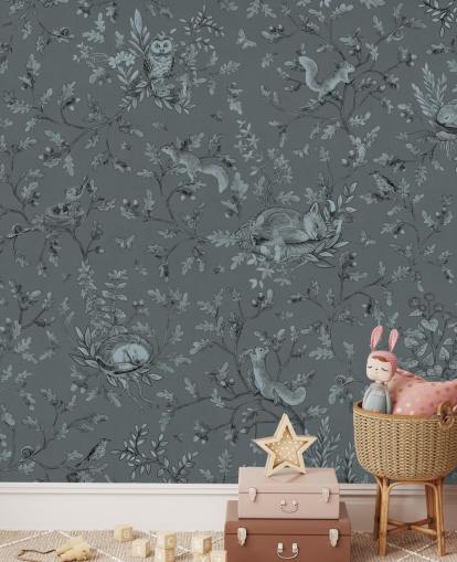 blue custom kids playroom mural called Playful Woods - Monochrome Blue by Kikki Belle blue custom kids playroom mural called Playful Woods - Monochrome Blue by Kikki Belle