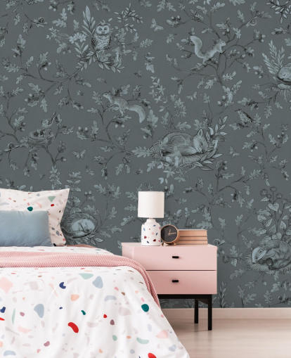 mural azul personalizado para sala de juegos para niños llamado Playful Woods - Monochrome Blue de Kikki Belle
