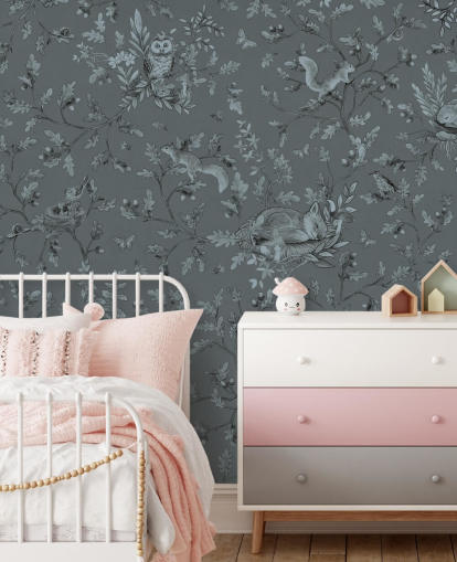 blauwe op maat gemaakte kinderspeelkamermuurschildering genaamd Playful Woods - Monochrome Blue van Kikki Belle blauwe op maat gemaakte kinderspeelkamermuurschildering genaamd Playful Woods - Monochrome Blue van Kikki Belle