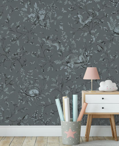 murale blu personalizzato per sala giochi per bambini chiamato Playful Woods - Monochrome Blue by Kikki Belle