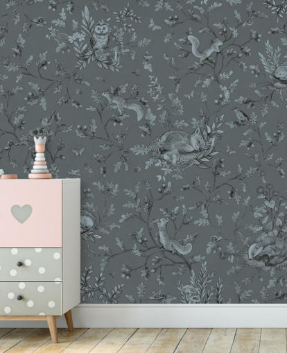 mural azul personalizado de sala de jogos para crianças chamado Playful Woods - Monochrome Blue de Kikki Belle