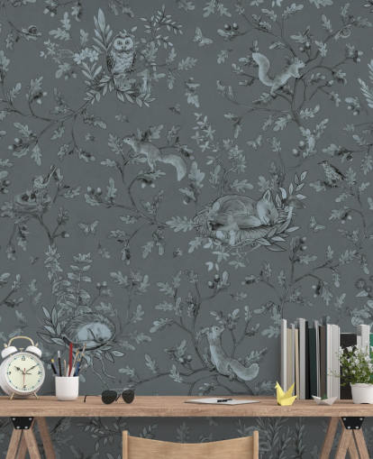 blå brugerdefineret vægmaleri til børns legerum kaldet Playful Woods - Monochrome Blue af Kikki Belle