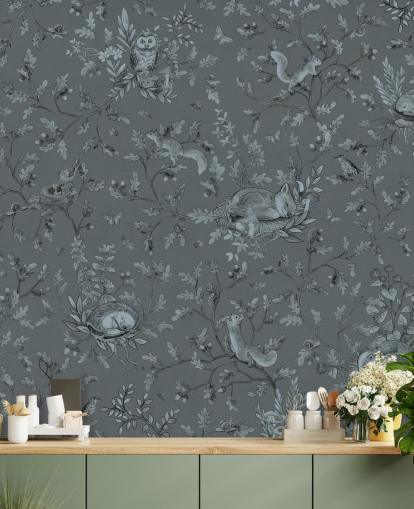 blått tilpasset veggmaleri for lekerom for barn kalt Playful Woods - Monochrome Blue av Kikki Belle