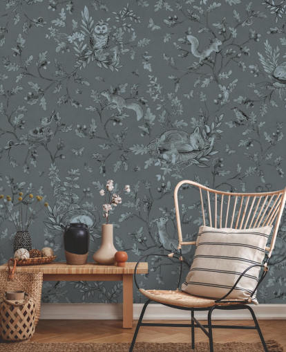 blue custom kids playroom mural called Playful Woods - Monochrome Blue by Kikki Belle