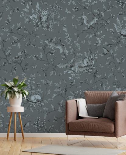 blue custom kids playroom mural called Playful Woods - Monochrome Blue by Kikki Belle