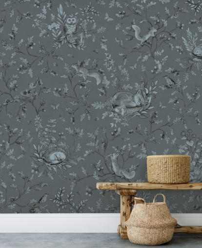 blue custom kids playroom mural called Playful Woods - Monochrome Blue by Kikki Belle