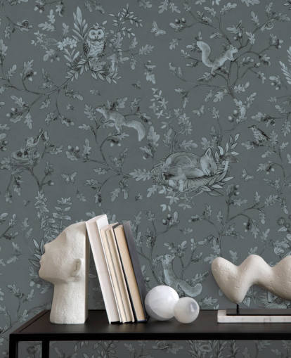 Blaues maßgefertigtes Wandbild für Kinderspielzimmer namens Playful Woods - Monochrome Blue von Kikki Belle