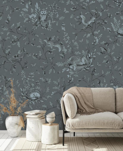 blue custom kids playroom mural called Playful Woods - Monochrome Blue by Kikki Belle blue custom kids playroom mural called Playful Woods - Monochrome Blue by Kikki Belle