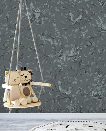 blauwe op maat gemaakte kinderspeelkamermuurschildering genaamd Playful Woods - Monochrome Blue van Kikki Belle