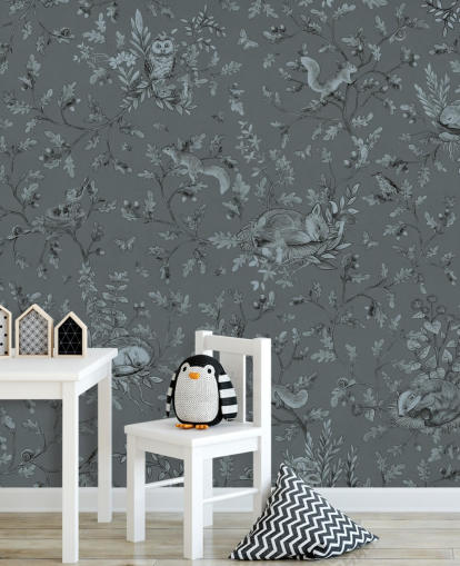 murale blu personalizzato per sala giochi per bambini chiamato Playful Woods - Monochrome Blue by Kikki Belle murale blu personalizzato per sala giochi per bambini chiamato Playful Woods - Monochrome Blue by Kikki Belle