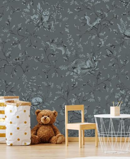Blaues maßgefertigtes Wandbild für Kinderspielzimmer namens Playful Woods - Monochrome Blue von Kikki Belle Blaues maßgefertigtes Wandbild für Kinderspielzimmer namens Playful Woods - Monochrome Blue von Kikki Belle