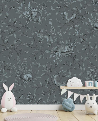 blått tilpasset veggmaleri for lekerom for barn kalt Playful Woods - Monochrome Blue av Kikki Belle