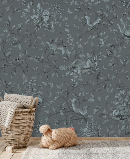 peinture murale bleue personnalisée de salle de jeux pour enfants appelée Playful Woods - Monochrome Blue par Kikki Belle peinture murale bleue personnalisée de salle de jeux pour enfants appelée Playful Woods - Monochrome Blue par Kikki Belle