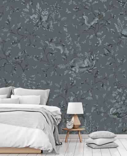 peinture murale bleue personnalisée de salle de jeux pour enfants appelée Playful Woods - Monochrome Blue par Kikki Belle