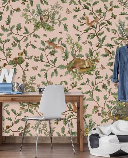 peinture murale de chambre d'enfant personnalisable rose et verte appelée Playful Woods - Pink de Kikki Belle