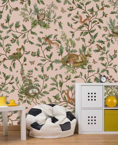 pink and green customisable nursery mural called Playful Woods - Pink by Kikki Belle