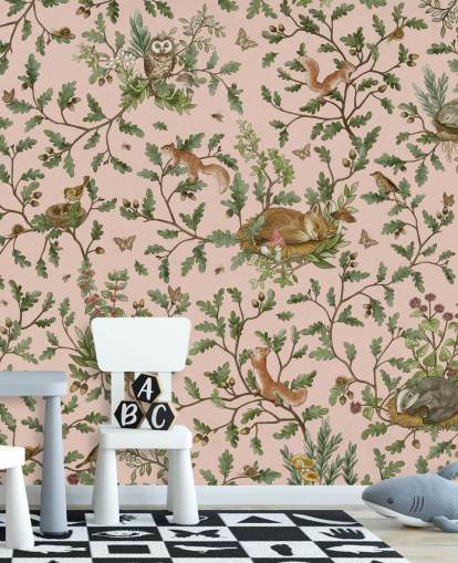 mural de berçário personalizável rosa e verde chamado Playful Woods - Pink de Kikki Belle