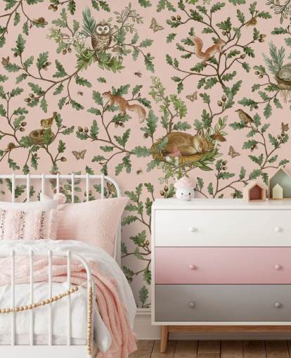 mural de berçário personalizável rosa e verde chamado Playful Woods - Pink de Kikki Belle