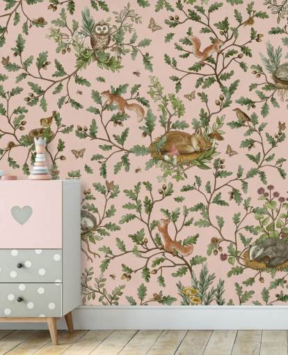 pink and green customisable nursery mural called Playful Woods - Pink by Kikki Belle