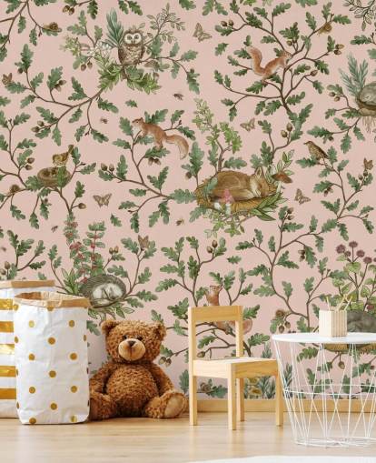 mural de berçário personalizável rosa e verde chamado Playful Woods - Pink de Kikki Belle