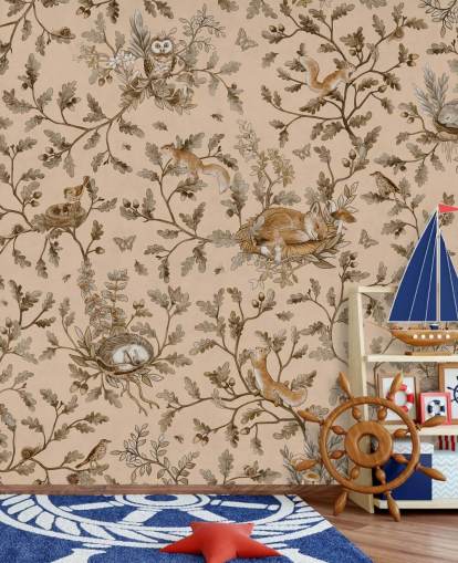 mural de berçário personalizável em bege chamado Playful Woods - Vintage Beige de Kikki Belle mural de berçário personalizável em bege chamado Playful Woods - Vintage Beige de Kikki Belle