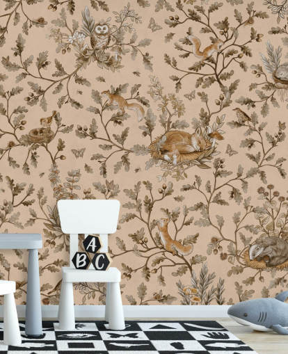 peinture murale beige personnalisable pour chambre d'enfant appelée Playful Woods - Vintage Beige de Kikki Belle peinture murale beige personnalisable pour chambre d'enfant appelée Playful Woods - Vintage Beige de Kikki Belle