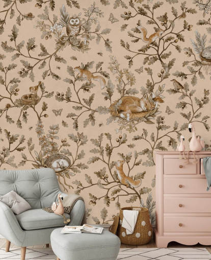 beige tilpassbart barnehage veggmaleri kalt Playful Woods - Vintage Beige av Kikki Belle
