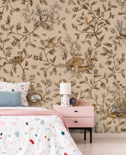 beige customisable nursery mural called Playful Woods - Vintage Beige by Kikki Belle