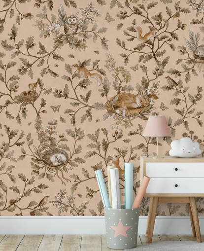 beige anpassningsbar plantskola väggmålning som heter Playful Woods - Vintage Beige av Kikki Belle