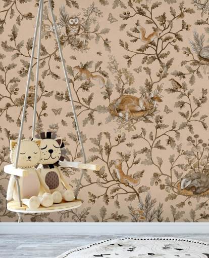 peinture murale beige personnalisable pour chambre d'enfant appelée Playful Woods - Vintage Beige de Kikki Belle