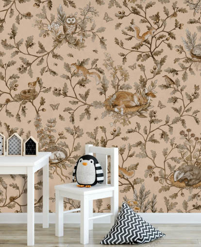 beige tilpassbart barnehage veggmaleri kalt Playful Woods - Vintage Beige av Kikki Belle