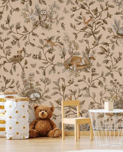 beige aanpasbare kinderkamermuurschildering genaamd Playful Woods - Vintage Beige van Kikki Belle