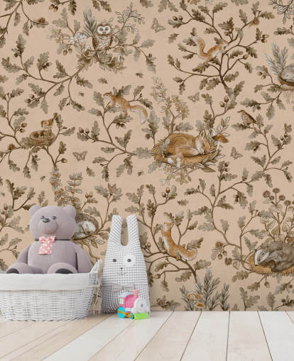 beige tilpasselig børnehavevægmaleri kaldet Playful Woods - Vintage Beige af Kikki Belle