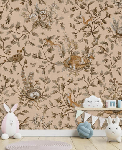 mural infantil personalizable de color beige llamado Playful Woods - Vintage Beige de Kikki Belle