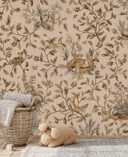 mural infantil personalizable de color beige llamado Playful Woods - Vintage Beige de Kikki Belle mural infantil personalizable de color beige llamado Playful Woods - Vintage Beige de Kikki Belle