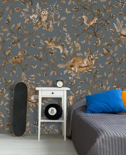 blå og brun barnehage veggmaleri kalt Playful Woods - Vintage Blue av Kikki Belle