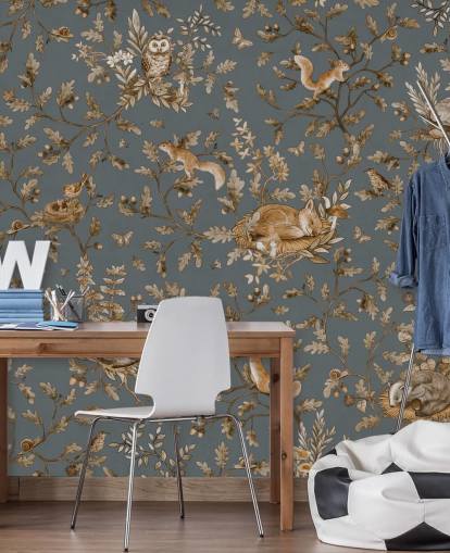 blue and brown nursery wall mural called Playful Woods - Vintage Blue by Kikki Belle blue and brown nursery wall mural called Playful Woods - Vintage Blue by Kikki Belle