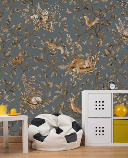 blå och brun barnkammare väggmålning som heter Playful Woods - Vintage Blue av Kikki Belle