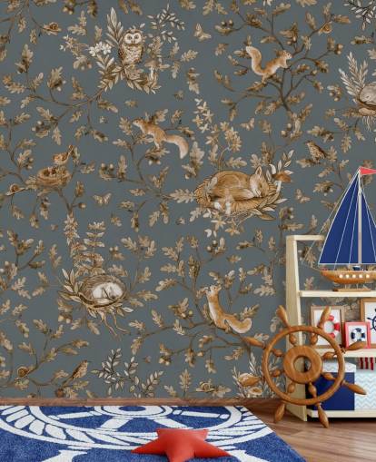 blue and brown nursery wall mural called Playful Woods - Vintage Blue by Kikki Belle