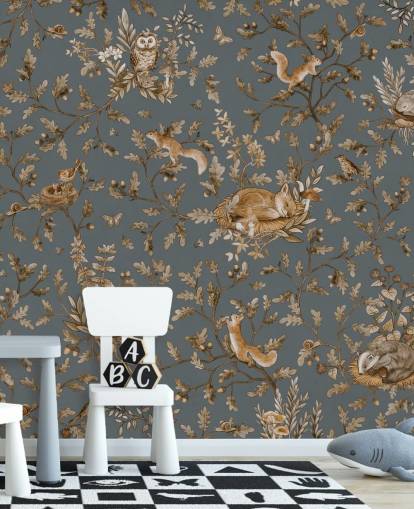 mural de pared de habitación infantil azul y marrón llamado Playful Woods - Vintage Blue de Kikki Belle