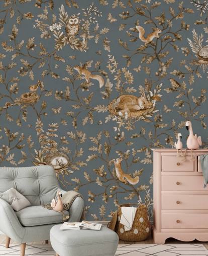 blå och brun barnkammare väggmålning som heter Playful Woods - Vintage Blue av Kikki Belle