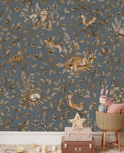 blaues und braunes Kinderzimmer-Wandbild namens Playful Woods - Vintage Blue von Kikki Belle