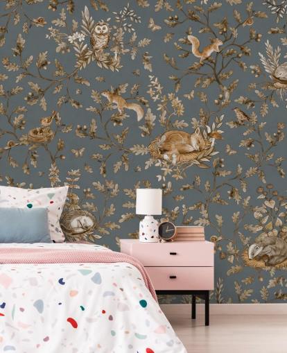 murale blu e marrone per la cameretta dei bambini chiamato Playful Woods - Vintage Blue di Kikki Belle
