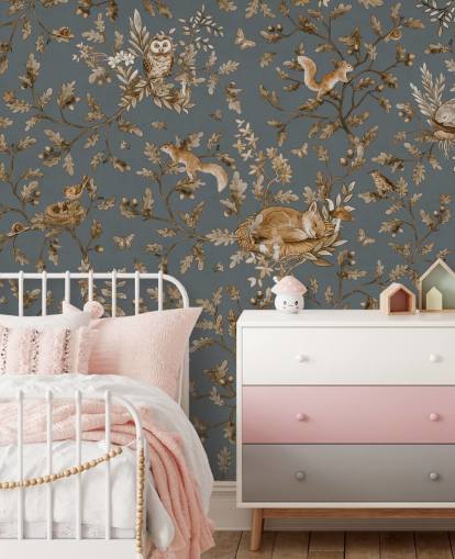 blå og brun barnehage veggmaleri kalt Playful Woods - Vintage Blue av Kikki Belle