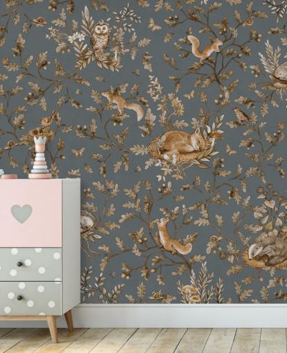 blue and brown nursery wall mural called Playful Woods - Vintage Blue by Kikki Belle blue and brown nursery wall mural called Playful Woods - Vintage Blue by Kikki Belle