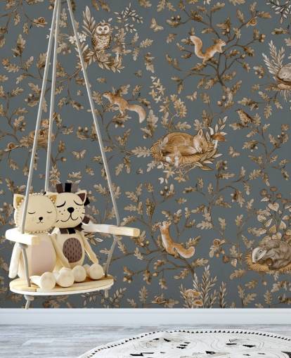 sininen ja ruskea lastentarhan seinämaalaus nimeltä Playful Woods - Vintage Blue, kirjoittanut Kikki Belle